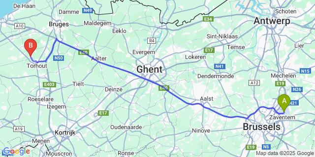 Map: Brussels Zaventem Airport (BRU) to Wijnendale