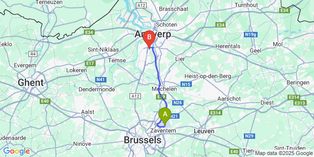 Map: Brussels Zaventem Airport (BRU) to Wilrijk