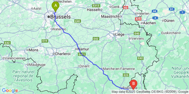 Map: Brussels Zaventem Airport (BRU) to Wiltz