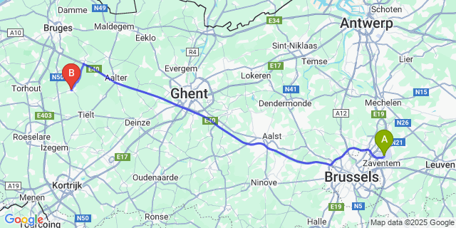 Map: Brussels Zaventem Airport (BRU) to Wingene