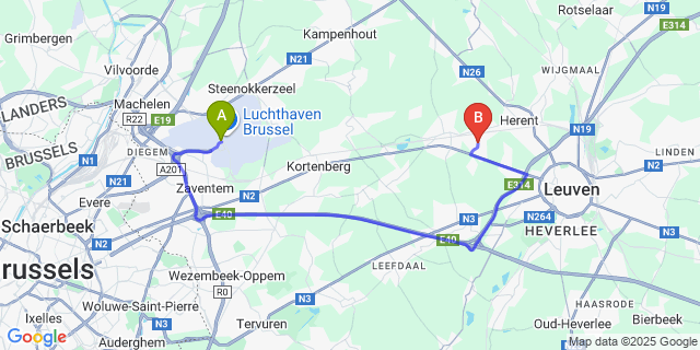 Map: Brussels Zaventem Airport (BRU) to Winksele