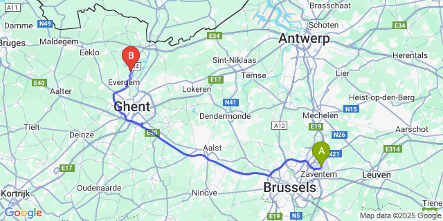 Map: Brussels Zaventem Airport (BRU) to Wippelgem