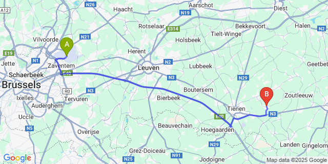 Map: Brussels Zaventem Airport (BRU) to Wommersom