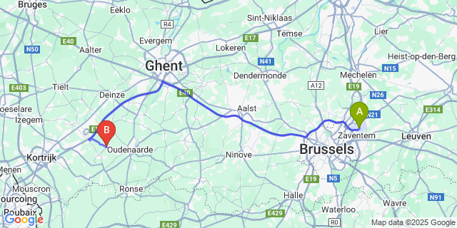 Map: Brussels Zaventem Airport (BRU) to Wortegem