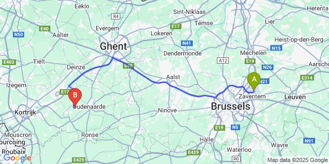Map: Brussels Zaventem Airport (BRU) to Wortegem-Petegem