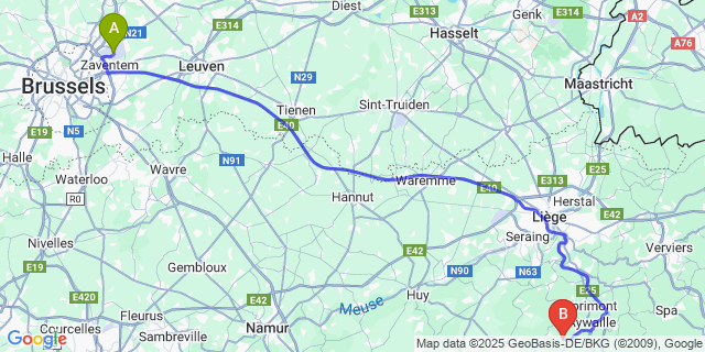 Map: Brussels Zaventem Airport (BRU) to Xhoris