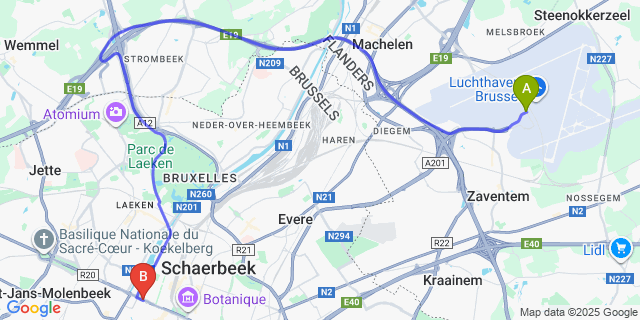 Map: Brussels Zaventem Airport (BRU) to Yadoya Hotel, Brussels