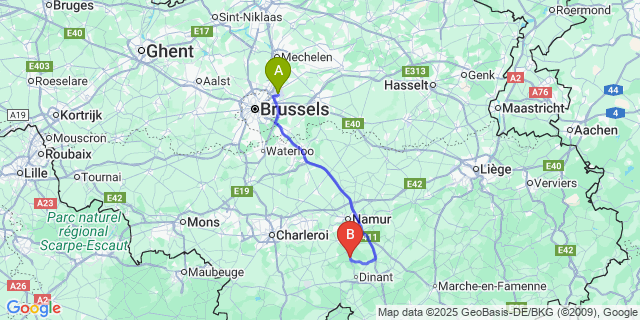 Map: Brussels Zaventem Airport (BRU) to Yvoir
