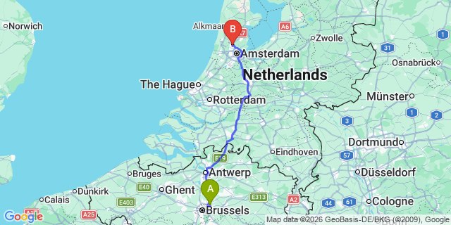 Map: Brussels Zaventem Airport (BRU) to Zaandam
