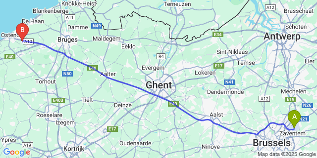Map: Brussels Zaventem Airport (BRU) to Zandvoorde