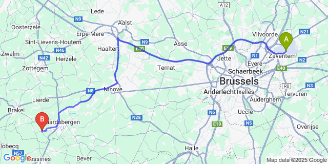 Map: Brussels Zaventem Airport (BRU) to Zarlardinge