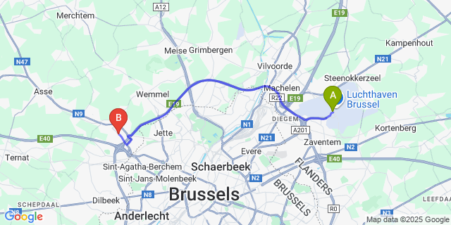 Map: Brussels Zaventem Airport (BRU) to Zellik