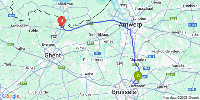 Map: Brussels Zaventem Airport (BRU) to Zelzate