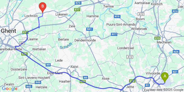 Map: Brussels Zaventem Airport (BRU) to Zeveneken