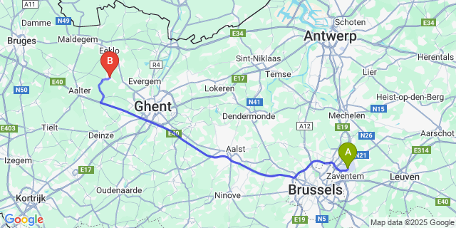 Map: Brussels Zaventem Airport (BRU) to Zomergem