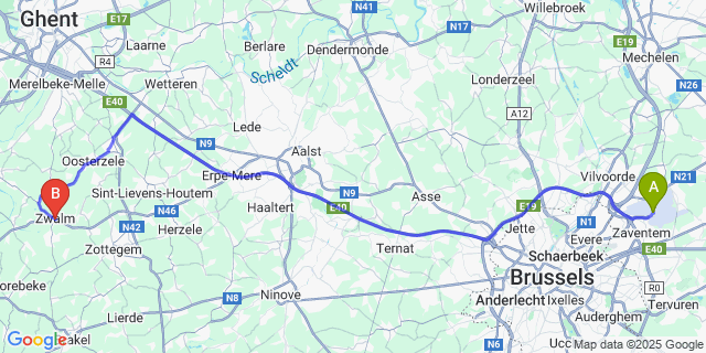 Map: Brussels Zaventem Airport (BRU) to Zwalm