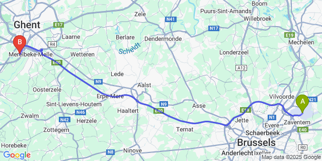 Map: Brussels Zaventem Airport (BRU) to Zwijnaarde