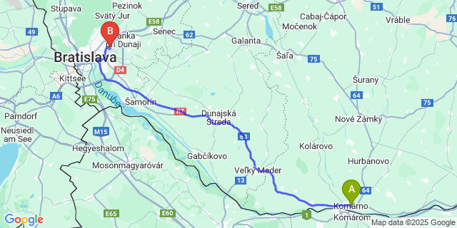 Map: Bratislava Airport (BTS) to Komárno