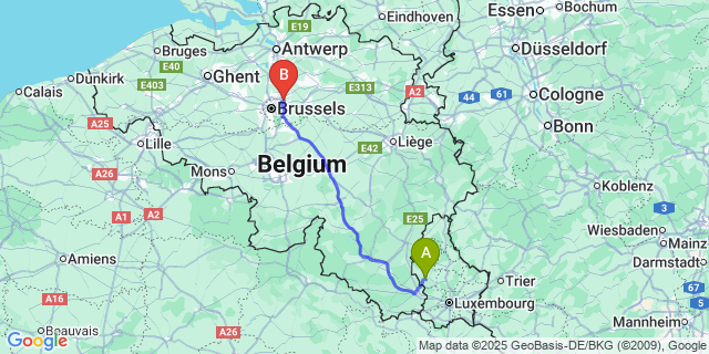 Map: Brussels Zaventem Airport (BRU) to Redange