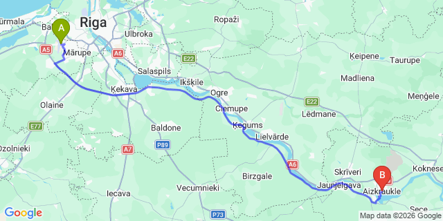 Map: Riga Airport (RIX) to Aizkraukle