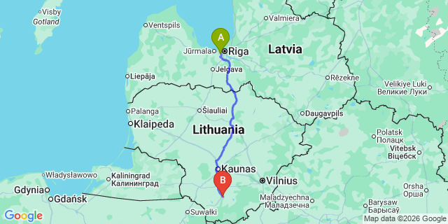 Map: Riga Airport (RIX) to Alytus