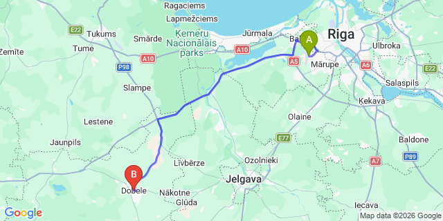 Map: Riga Airport (RIX) to Dobele