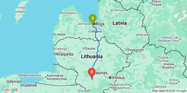 Map: Riga Airport (RIX) to Kaunas
