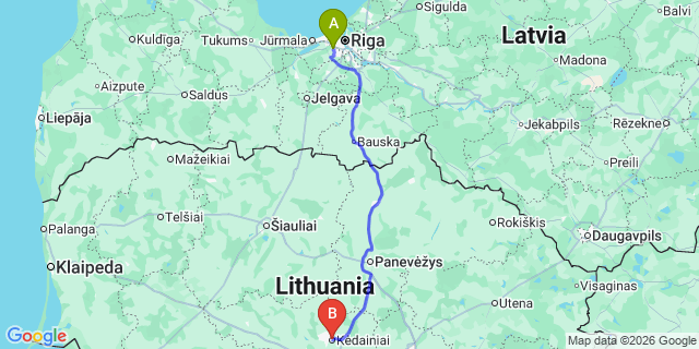 Map: Riga Airport (RIX) to Kėdainiai