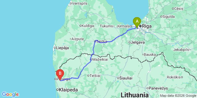 Map: Riga Airport (RIX) to Kretinga