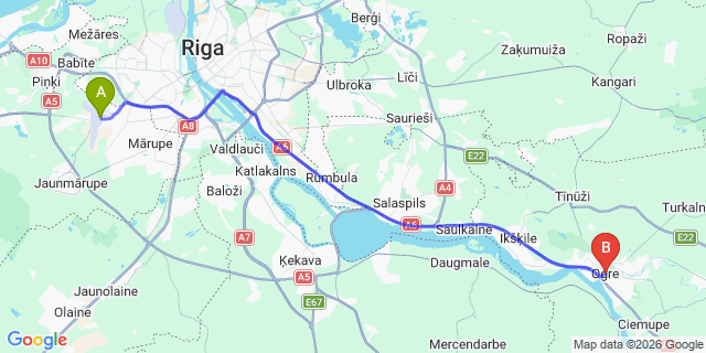 Map: Riga Airport (RIX) to Ogre