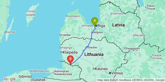 Map: Riga Airport (RIX) to Panemunė