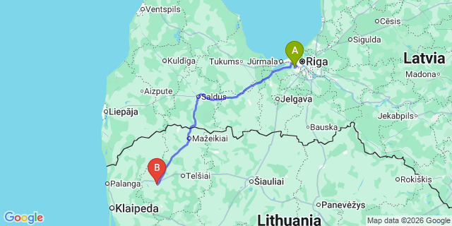 Map: Riga Airport (RIX) to Plungė