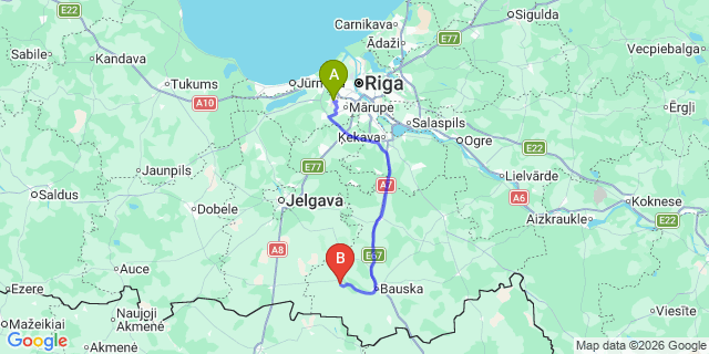 Map: Riga Airport (RIX) to Rundāle