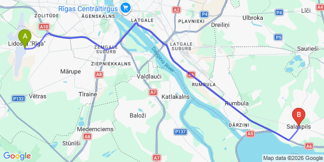 Map: Riga Airport (RIX) to Salaspils