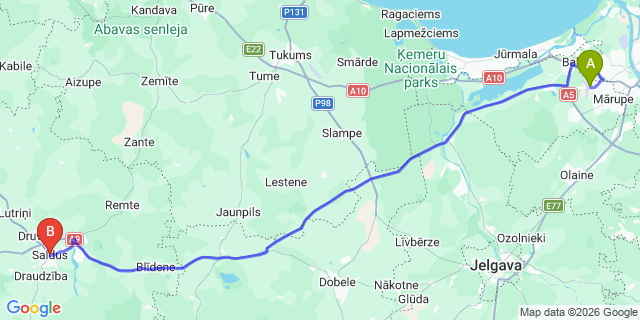 Map: Riga Airport (RIX) to Saldus