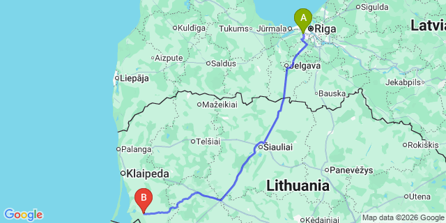 Map: Riga Airport (RIX) to Šilutė