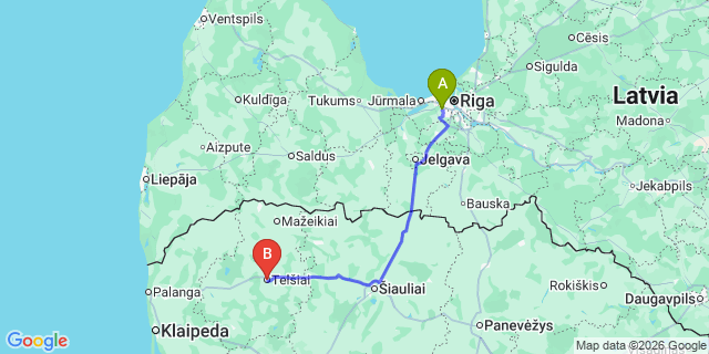 Map: Riga Airport (RIX) to Telšiai