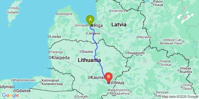 Map: Riga Airport (RIX) to Vilnius city (all areas)