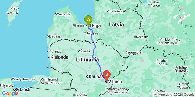 Map: Riga Airport (RIX) to Vilnius city (all areas)