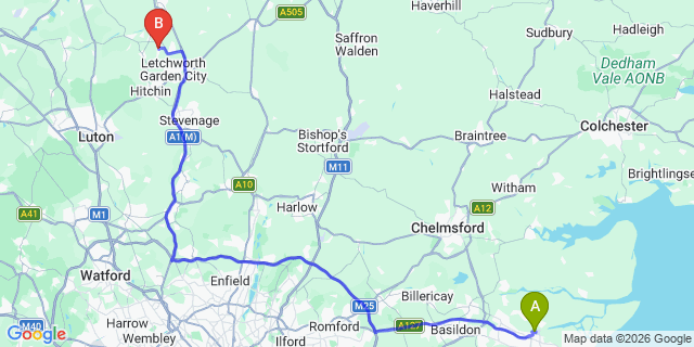 Map: London Southend Airport (SEN) to Arlesey