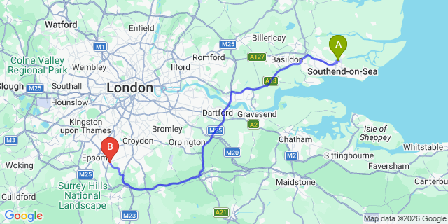 Map: London Southend Airport (SEN) to Banstead
