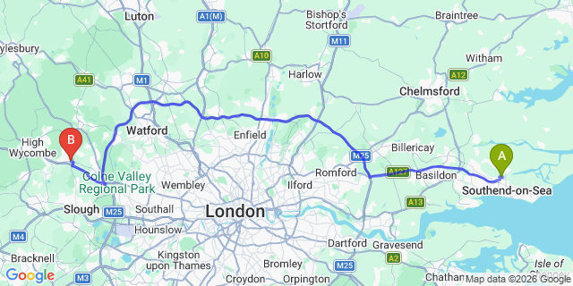 Map: London Southend Airport (SEN) to Beaconsfield