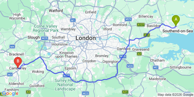 Map: London Southend Airport (SEN) to Camberley