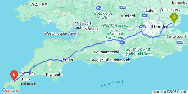 Map: London Southend Airport (SEN) to Camborne