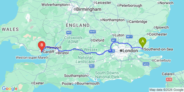 Map: London Southend Airport (SEN) to Cardiff