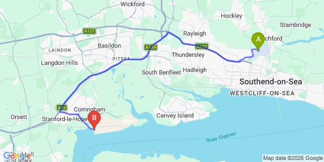 Map: London Southend Airport (SEN) to Chelmsford