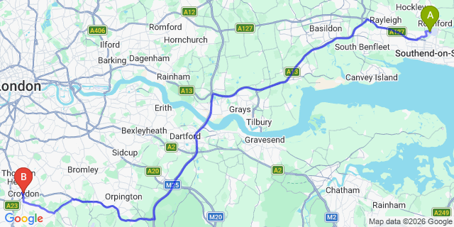 Map: London Southend Airport (SEN) to Croydon