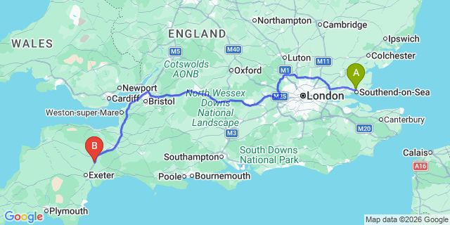 Map: London Southend Airport (SEN) to Cullompton