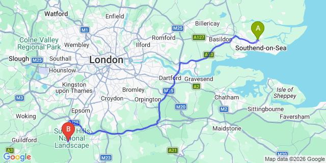 Map: London Southend Airport (SEN) to Dorking