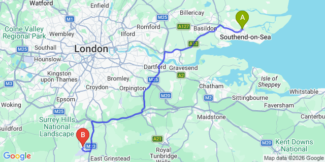 Map: London Southend Airport (SEN) to Horley